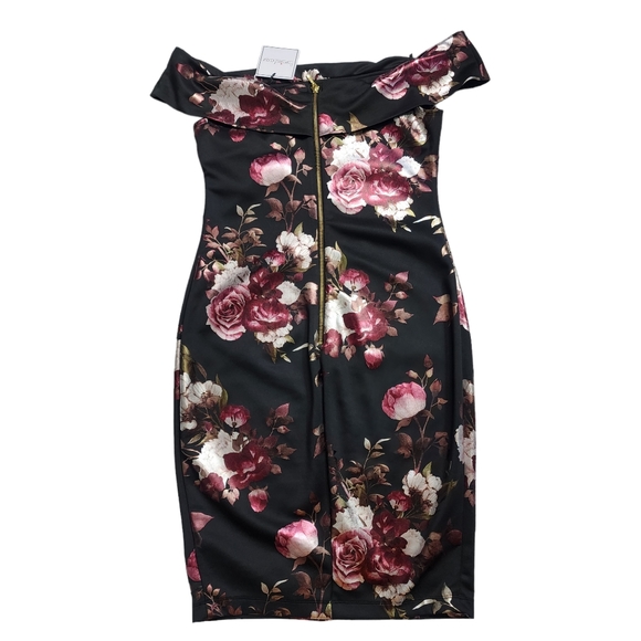 PREMIER AMOUR FLORAL OFF SHOULDER COCKTAIL DRESS Black/Burgundy/Silver S… - Picture 7 of 12